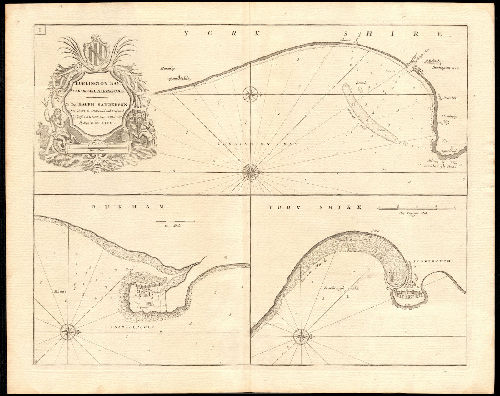 Bridlington Bay, Scarborough & Hartlepool sea chart by Capt. G Collins c1774 map